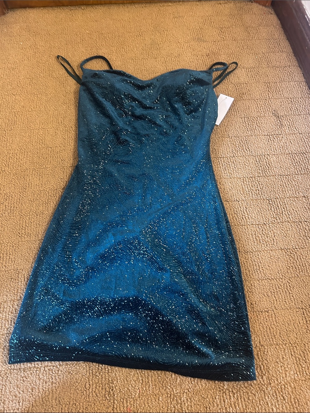 B Darlin Teal Glitter Cowl Neck Mini Dress - Picture 6 of 13